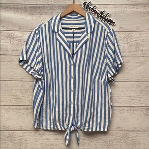 *Ava & Viv for Target Blue White Stripe Linen Button Down Tie Waist Top Plus XXL